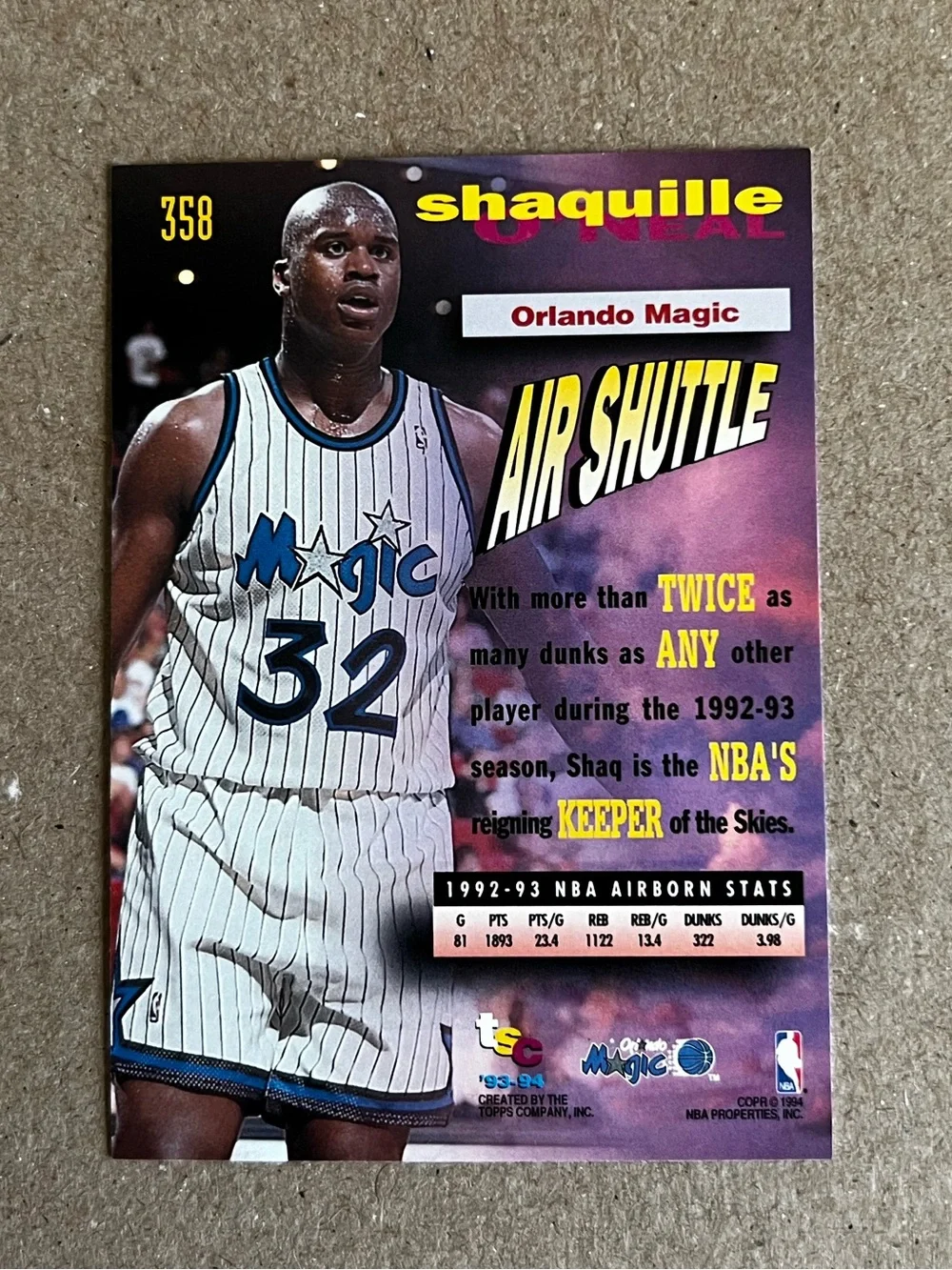 1993-94 Topps Stadium Club - Frequent Flyers Shaquille O'Neal #358 Orlando Magic